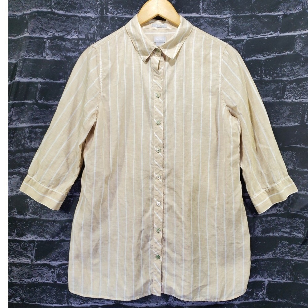 Chico's No-Iron FreshChic Striped Tunic Blouse Shirt Size 1 Medium US 8/10 Linen